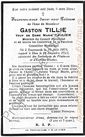 Gaston TILLIE veuf de Dame Marie CAULIER, décédé à Steenvoorde, le 18 Décembre 1923 (65 ans).